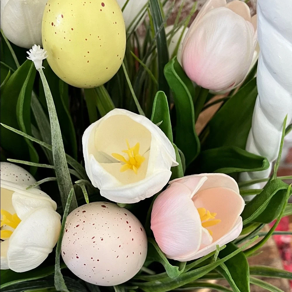 Nicole Miller White Basket Planter with Pink & White Tulips and Pastel Eggs